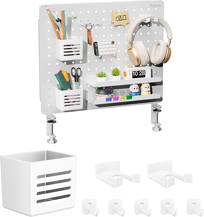 PEGZONE 20.4" x 16.5" Clamp-on Desk Pegboard, Bundle with 8 Pieces Accessories, White by Pegzone