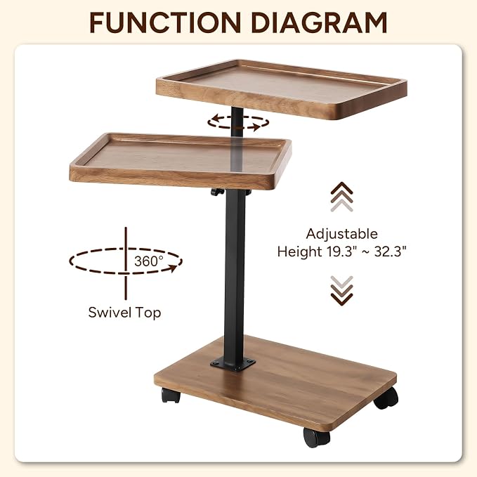 Adjustable C Table End Table, Side Table C Table with Wheels,360° Rotatable (20.7-34.9inches) Height Adjustable for Sofa/Bed/Bathtub, Walnut Wood & Black (15.7x11.8) - Image 4