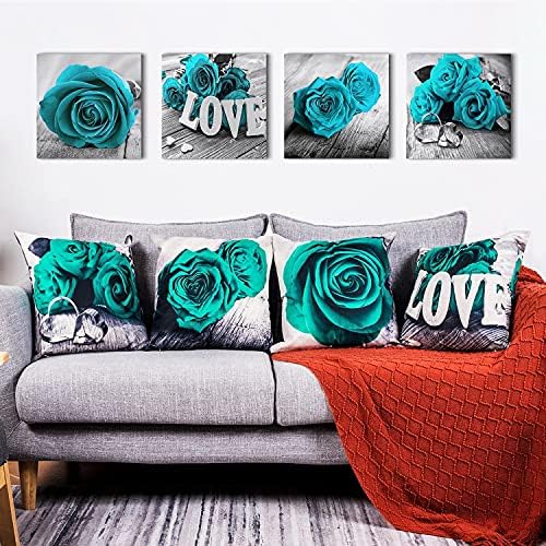 Green Throw Pillow Covers 18x18 Inch Set of 4 Turquoise Rose Pillow Cover Couch Decorative Love Sing Flower Square Pillow Cases for Bedroom Sofa Chair Outdoor Cushion Cover Modern Home Decorations - Image 2