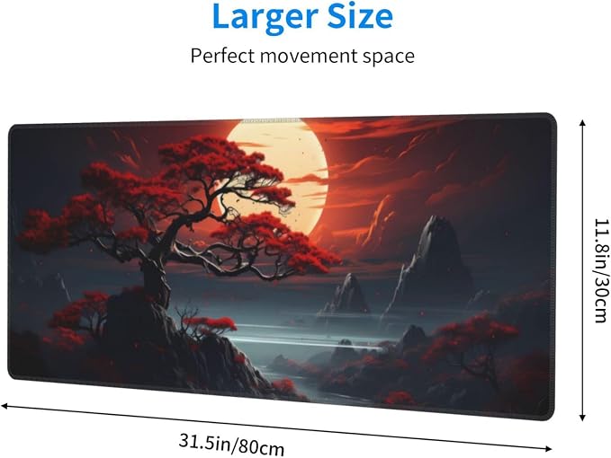 Darkness Red Moon Desk Mat Japanese Mouse Pad, Large Japanese Desk Mat, XL Anime Gaming Keyboard Mat, Non-Slip Rubber Base, Big Extended Desk Protector for Home Office, 31.5”x11.8” - Image 2