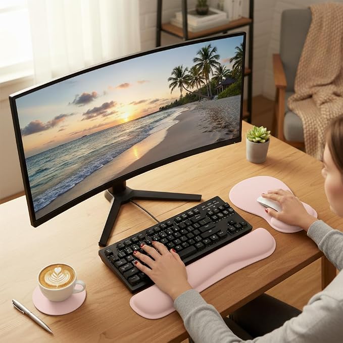 RICHEN Wrist Rest Support for Mouse Pad&Keyboard Set with Coaster,Concave Curved Memory Foam, Non-Slip Base Pain Relief Comfortable Easy Typing Pad for Home/Office (Lycra Pink) - Image 6