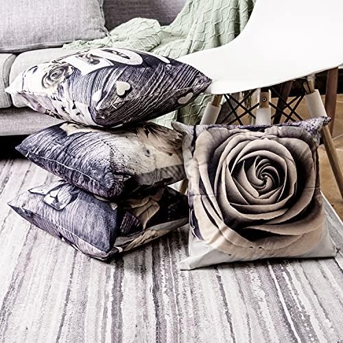 Set of 4 Rose Flower Decorative Throw Pillow Covers 20x20” Beige Cream Flower Pattern Pillow Cases Square Sofa Bed Home Decor Vintage Floral Pillow Cushion Cases Cotton Linen Outdoor Home Decorative - Image 4