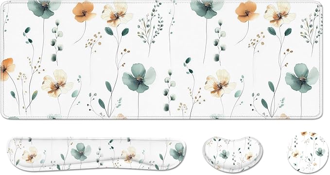 Desk Pad and Keyboard Wrist Rest, Large Mouse Pad + Keyboard Pad+Mouse Wrist Support, Non-Slip Desk Mat Protector for Office, Home 31.5×11.8 Inches Mini Floral by AFUZLE