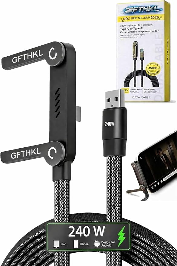 Invisible Holder Charger Cable, 240W Super Fast Charging with Stand, Built-in Phone Support Fast Charging Cord, Type C Braided Design for Gaming Office Travel (A to Type - C) by GFTHKL