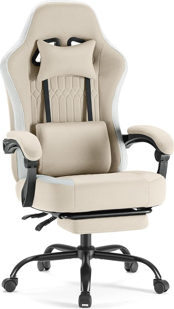 DUMOS Ergonomic Gaming Chair with Footrest, Video Game Chairs | Comfy Lumbar Support, Linkage Armrests, Tech Fabric, Pocket Spring Cushion, Office, Adults Students, Light Brown by DumosLifestyle