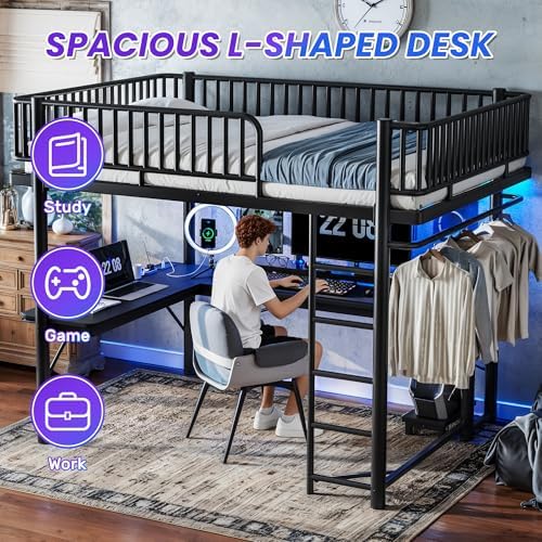 KEIKI Queen Size Metal Loft Bed Frame with L-Shaped Desk, Black - Image 4
