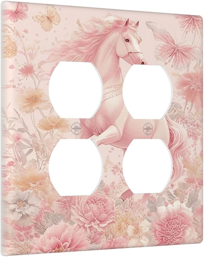 Decorative Switch Plate Covers Fantastical Pink Horse and Flowers 2-Gang Duplex Light Switch Covers Gfci Wall Plate Electrical Receptacle Switchplate Plug Faceplate for Bedroom Decor - Image 2