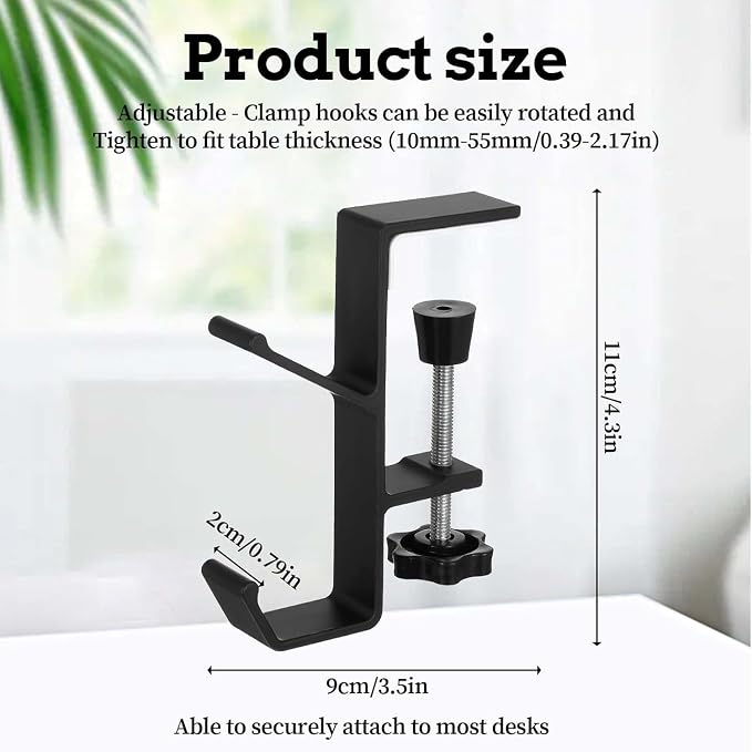 YUANQIAN Clamp-On Under Desk Headphone Holder Backpack Hook Students' Desk Hook with Adjustable Arm Clamp Women's Bag Handbag and Purse Holder -Suitable for Plate Between 1-5cm (3Pack Black, 3) - Image 3