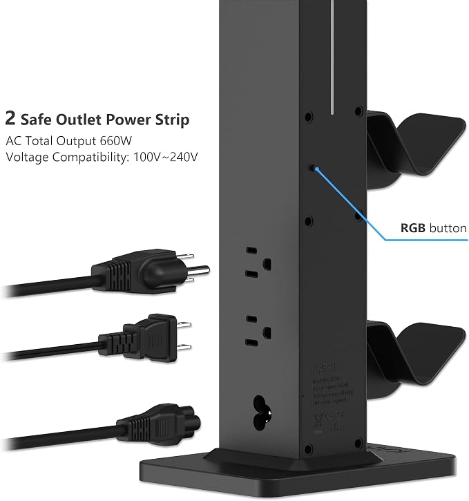 KAFRI RGB Gaming Headphone Stand with Controller Holder, Desk Organizer with Retractable Charger Cable, 2 AC Outlets & 4 Type-C Charging Ports, PC Gaming Accessories for Headset & Controller (Black) - Image 6
