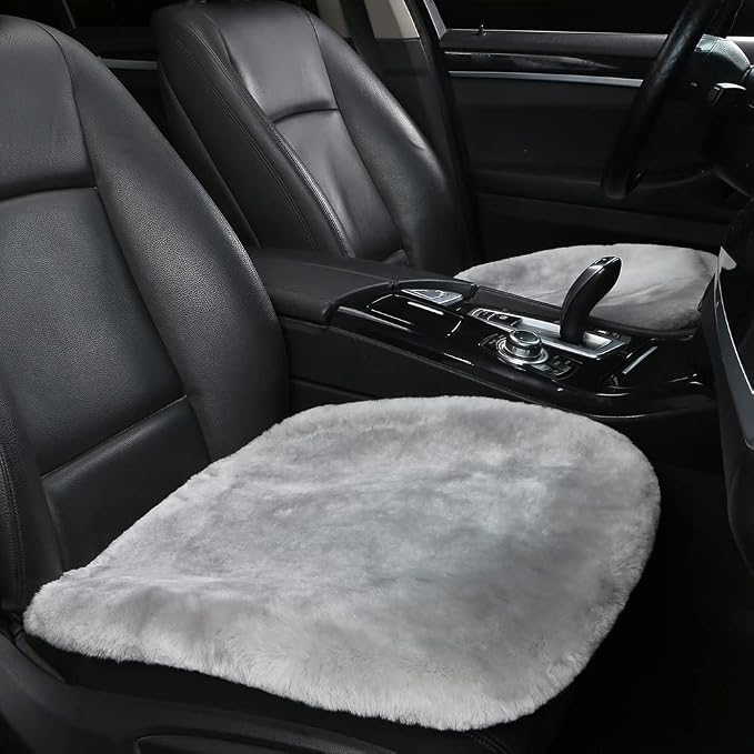 LLB Genuine Sheepskin Car Seat Cushion Seat Covers for Cars Trucks SUV Comfort Seat Protector Pad for Car Driver Seat Car Accessories for Women Office Chair Car Decor (Grey, Front Seat Cushions-2 Pcs) by LLB