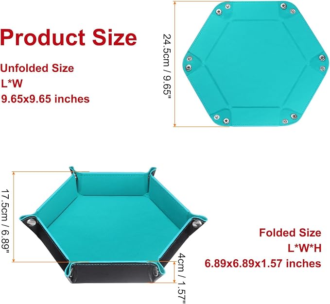 HARFINGTON PU Leather Dice Tray Unisex Valet Tray Folding Hexagon Tray Portable Entryway Table Nightstand Bedside Desk Holder for Key Wallet Watch Coin Jewelry, Light Blue - Image 2