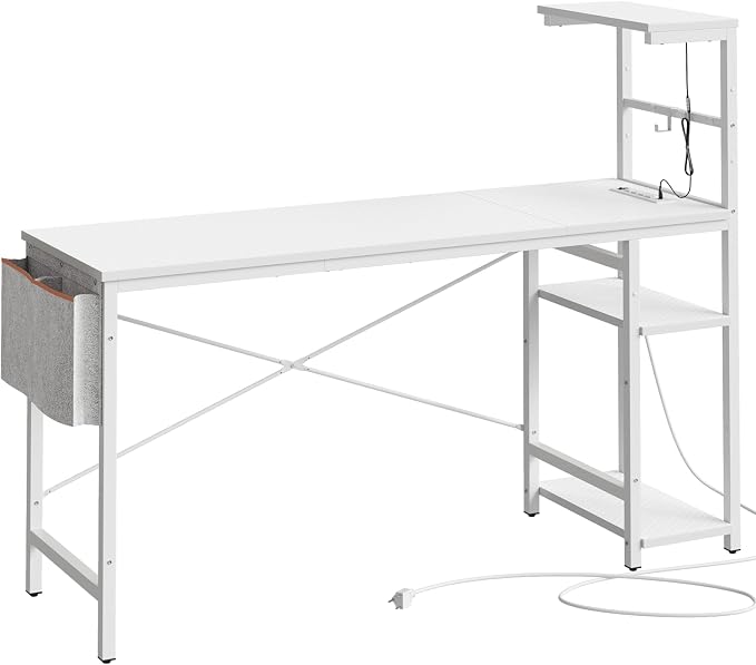 Bestier Gaming Desk with Power Outlets, 61 Inch Large Led Gamer Desk with 4 Tiers Reversible Shelves, PC Gaming Table with Headset Hook & Side Storage Bag for Bedroom (White 3D Carbon Fiber) - Image 9