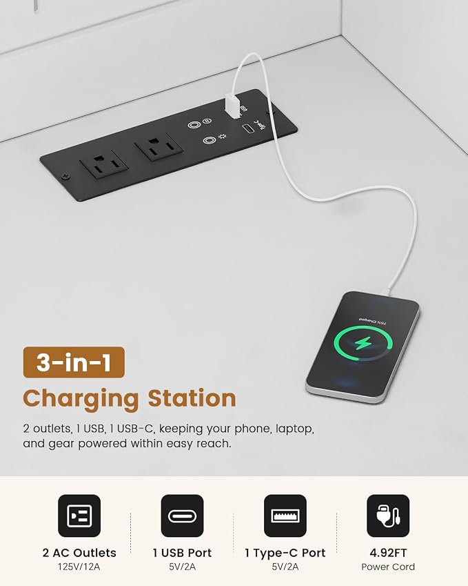 HNEBC White Computer Desk - with Power Outlets & Chariging Station,Small Writing Desk with Hutch and Drawers,66.3''H Office Desk with Pull-Out LED Lights,Pop-up Glass Door,Pegboards,Bedroom - Image 4