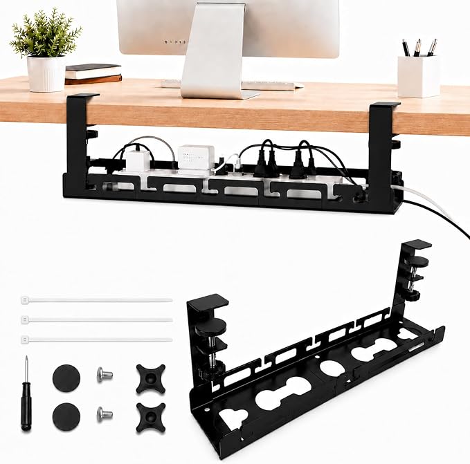 No Drill Under Desk Cable Management Tray, Adjustable 17.6"-27.4" Clamp-On Metal Cable Tray for Power Strip, Under Desk Cord Organizer and Wire Management Holder for Standing Desk, Gaming Desk, Office by Unknown