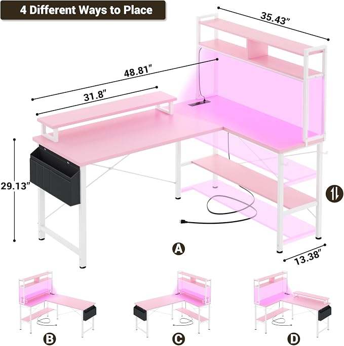 Aheaplus L Shaped Gaming Desk with Power Outlets & LED Lights, Pink - Image 3