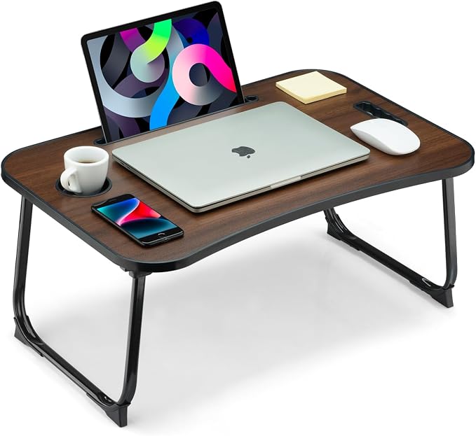 Foldable Lap Desk, Laptop Bed Desk, Portable Lap Table, Laptop Bed Table with Cup Holder & Tablet Slot & Lifting Handle for Working Writing Drawing & Eating - Walnut Brown by VIFOCAE