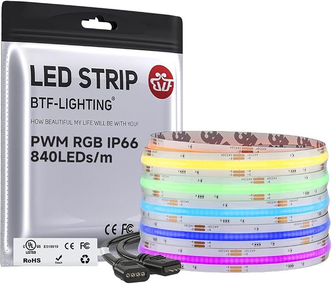 BTF-LIGHTING IP66 RGB COB LED Strip DC24V 16.4FT Color Changing Light by BTF-LIGHTING