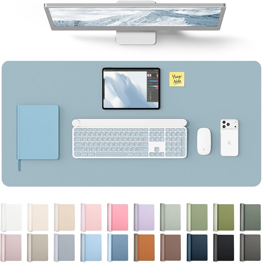 YSAGi Leather Desk Protector, Office Mat, Large Mouse Mat, Non-Slip PU Leather Blotter, Laptop Desk Pad, Waterproof Writing Pad for Office and Home (Ice Blue, 31.5" x 15.8") by YSAGi
