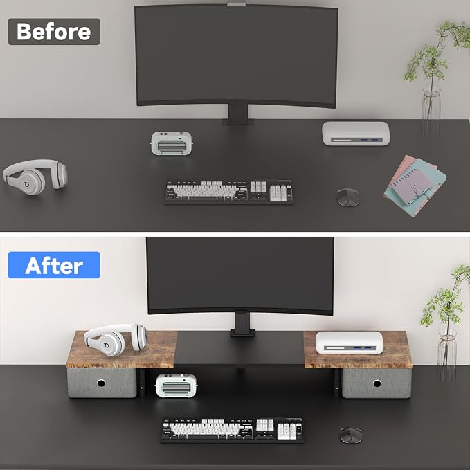 Suptek Dual Monitor Stand Riser with Two Drawers,Monitor Riser for 2 Monitors with Storage, Extra Large Storage for 2 Monitors, Multifunctional Desktop Organizer,Desktop Oraganizer Computer,Laptop,Printer,TV - Image 6