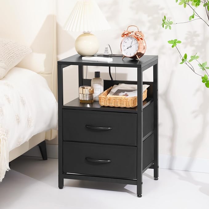 Yoobure Nightstand with Charging Station, Small Night Stand with Fabric Drawers and Storage Shelf for Bedrooms, Nightstands for Small Spaces, Bedside Table with USB Ports & Outlets Bed Side Table - Image 7
