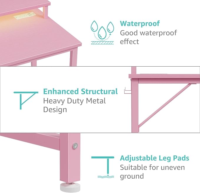 Lufeiya Small Girls Desk with Power Outlets and LED Lights, 32 Inch Gaming Desk Table with Charging Station, Home Office Computer Desks with Monitor, Pink - Image 9