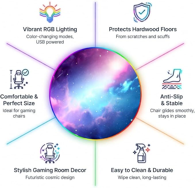 Gaming Chair Mat for Hardwood Floor Circle RGB Gaming Lights (Galaxy 47”) - Noise Cancelling, Anti-Slip Gamer Floor Mat – Scratch Resistant Computer Gaming Mat for Chair – Office Chair Mat - Image 4