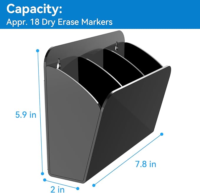Dry Erase Marker Holder with 3 Compartments, Wall Mounted Magnetic Marker Organizer for Whiteboard, Fridge, Locker, Pen Holder, Acrylic Pencil Holder, Black - Image 3
