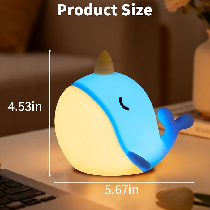 Cute Narwhal Night Light, Tap Control with 3 Warm White Brightness, USB Kids Bed Lamp with 30-Minute Timer, Soft Silicone Glow for Nursery, Birthday Gift, Blue - Image 2