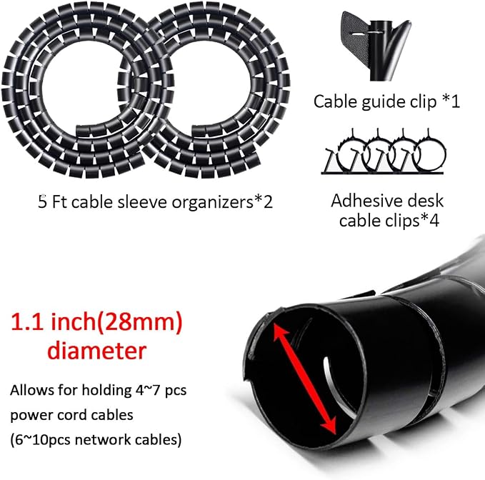 Large PC Cable Management Tube Sleeve Under Desk Wire Organizer for Cords 2 PCS Black, 1.1 inch -5 ft EZ Spiral Cable Wrap Cover Bundler w/Clips for TV Office, Pet Proof Cable Protector - Image 2