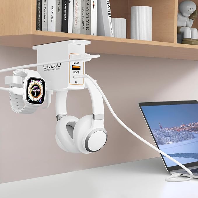 cozoo Desk Headphone Holder Hook Headset Watch Cable Bag Storage White | 2 USB-A & 1 Type-C Ports; Holds Headphones,Watches, Cables, Various Bags,Multifunctional Desk Storage Hook for Gaming Office - Image 2