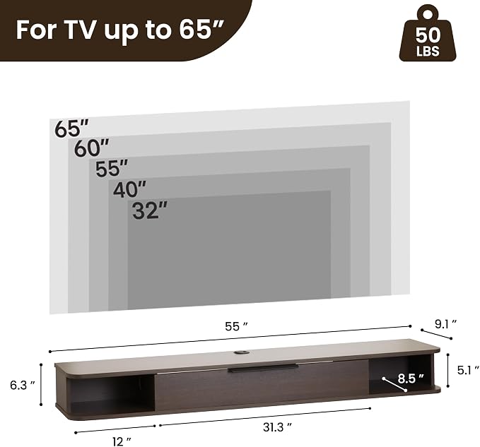 Floating TV Stand, 55" Wall Mounted TV Cabinet, Wood Media Console for TVs up to 65", Entertainment Center with Storage for Living Room, Under TVs Shelf for DVD Player, Coffee - Image 2