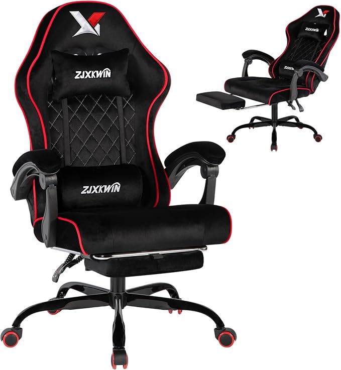 Velvet Gaming Chair, Ergonomic High Back Racing Chair with Footrest, Spring Wide Cushion, Adjustable Headrest & Lumbar Support, 90-135° Recline, 360° Swivel, 300lbs for Home Office, Red by Unknown