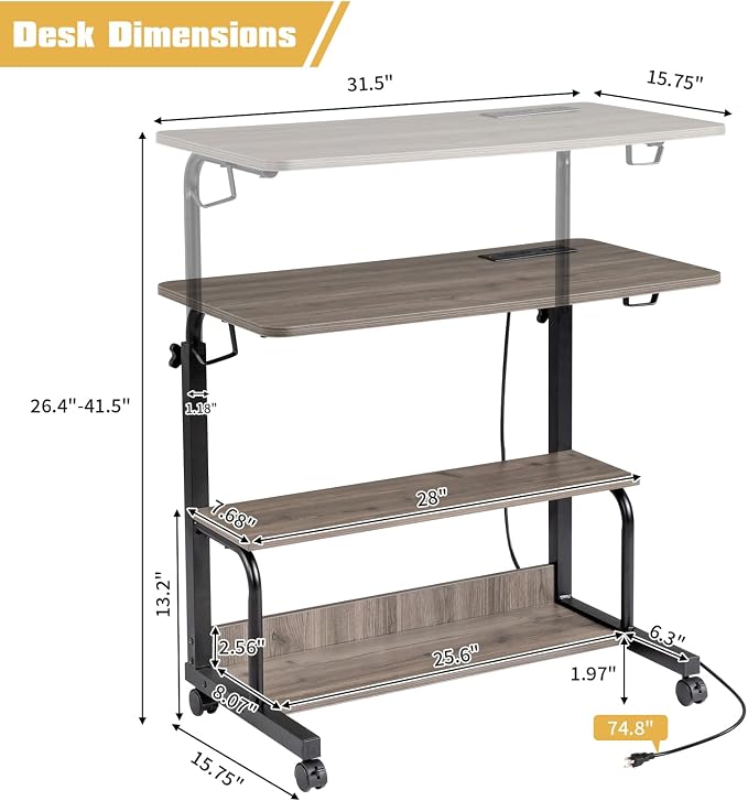 Karl home 31.5" Portable Rolling Computer Desk on Wheels, Grey Oak - Image 3