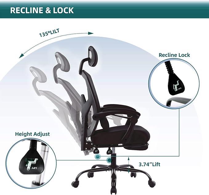 DUMOS Home Office Desk Chair, Gaming Chair with Footrest | High-Back Mesh, 360° Rolling Swivel Wheels, Comfortable Headrest, Lumbar Support, Student, Inky - Image 5
