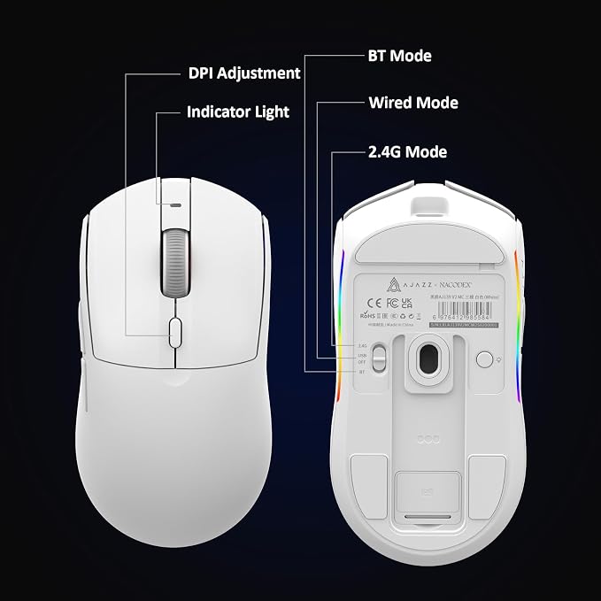 AJAZZ AJ139 V2 MC Wireless Gaming Mouse with RGB Charging Dock, 66g Ultra-Lightweight Tri-Mode Optical Mouse, 12000 DPI PAW3311 Sensor, Ergonomic Rechargeable Gaming Mouse for PC/Mac - White - Image 8