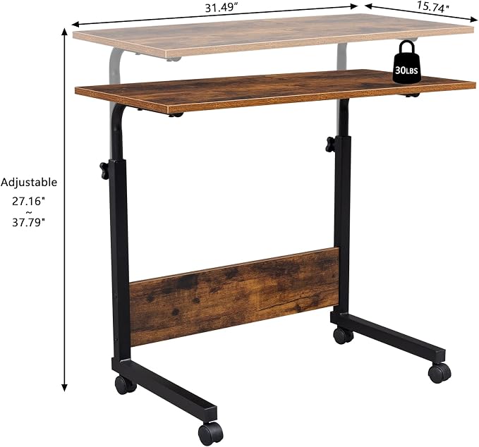 Karl home Mobile Side Table 31.5 inch Computer Desk with Wheels, Rustic Brown - Image 3