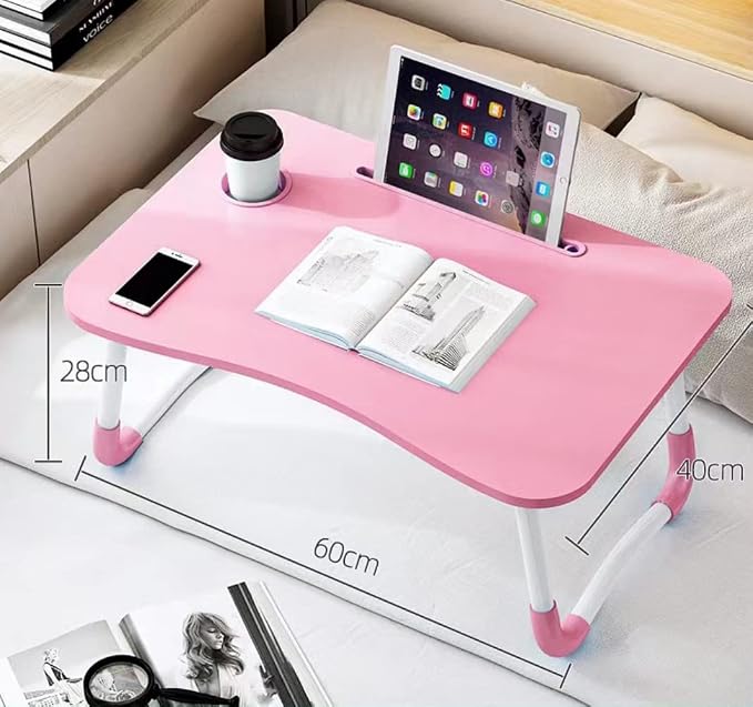 Laptop Bed Table, Foldable Laptop Desk Bed Tray with Storage Drawer, Lap Desk TV Tray for Breakfast Serving, Notebook Stand Reading Holder with Phone Slot and Cup Holder for Sofa Couch Floor-Pink - Image 6
