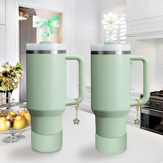 Stanley Cup Accessories Set,Including 2 Pcs 0.4in Straw Cover, 1 Silicone Spill-Proof Stopper Set of 3, 1 Cute Flowers Handle Charm, 1 Silicone Boot Fits Stanley 40&30 Oz Tumbler (Matcha Cream) - Image 6