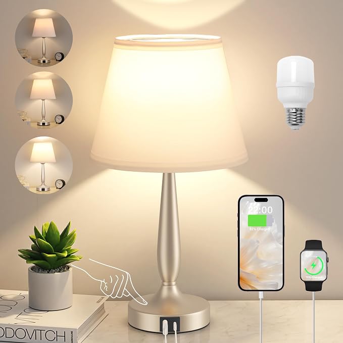 Kakanuo Touch Table Lamp for Bedroom, Small Bedside Lamp with USB C Charging Port, 3 Way Dimmable Touch Control Nightstand Lamp for Living Room, White Shade and Champagne Gold Base by KakanuoLightings