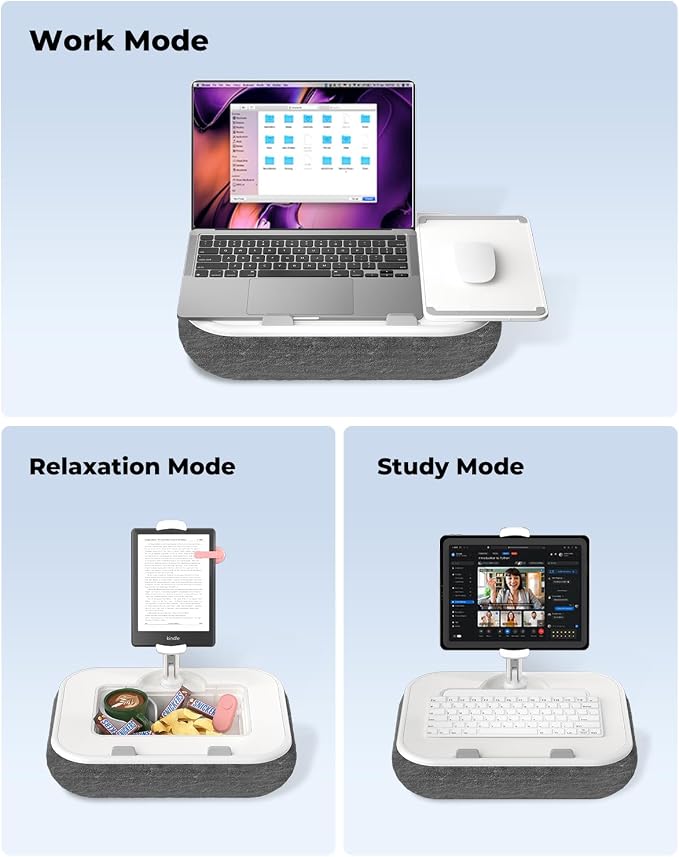 Viozon Kindle Pillow Stand Holder, Phone Holder for Bed, Laptop Lap Desk with Mouse Pad,Compatible with 4.7-13" Kindle/Tablet/Phone,10-15" Laptop, Snack Bowl&Cup Attachment&Detachable 360°Stand Arm - Image 2