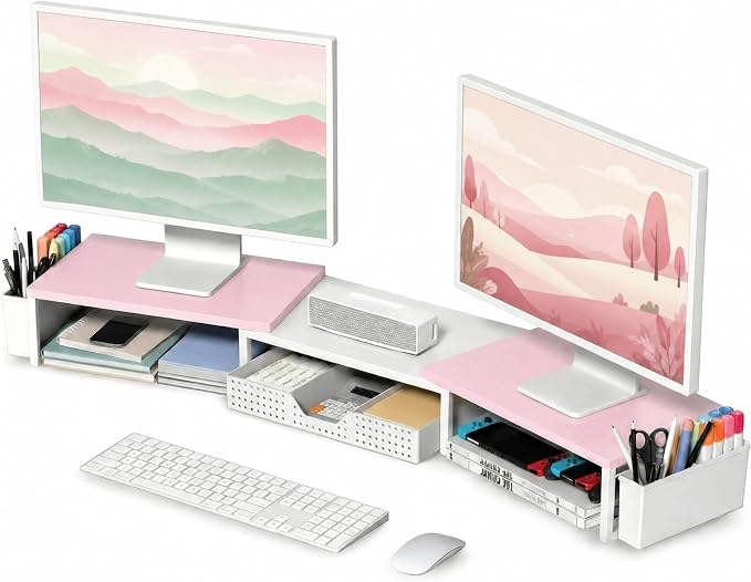 OPNICE Desk Organizers and Accessories, Dual Monitor Stand Riser with Drawer and 2 Pen Holders, Desk Shelf Computer Racks for Office Workspace Organizers, Desktop Organization (Pink-White) by OPNICE