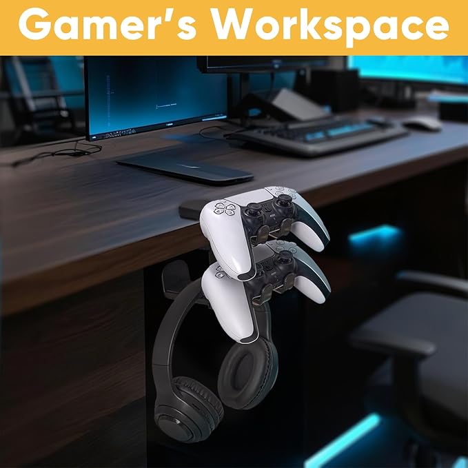 3 in 1 Under Desk Headphone Hanger with Adjustable Clamp Mount, 2 Controller Slots & 1 Headset Universal Holder Stand, Rotatable Hook Rack & Cable Organizer, for Home Gaming Xbox ps5 - Black - Image 4