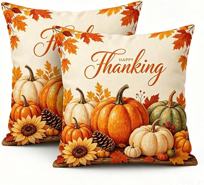 Thanksgiving Throw Pillow Covers, Linen, 18x18 Inch, Set of 2, Happy Thanksgiving Pumpkin Fall Design, Farmhouse Style, Machine Washable by Unknown