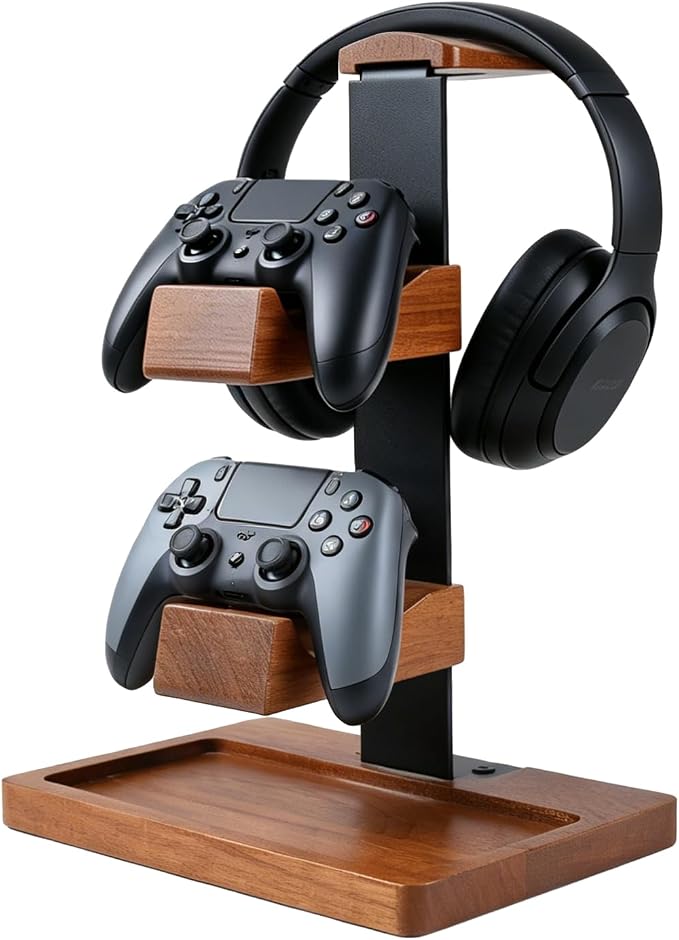 Headset Stand with Gaming Controller Holder, Wood Headphone Stand with Storage Base, Gaming Equipment Accessories for Desk by Unknown