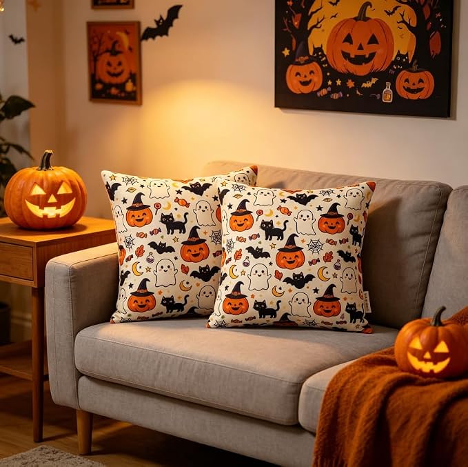 Halloween Throw Pillow Covers, Pumpkin Ghost Linen, 18x18 Inch, Set of 2, Envelope Closure, Living Room Decor - Image 4
