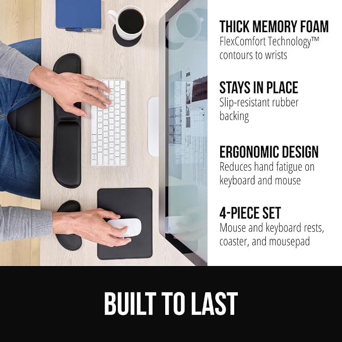 GORILLA GRIP Silky Memory Foam Keyboard Wrist Rest and Mouse Pad for Computer, Ergonomic Typing Support, Desk Office Supplies and Gaming Accessories, Hand & Arm Mousepad Cushions and Coaster Set Black - Image 2