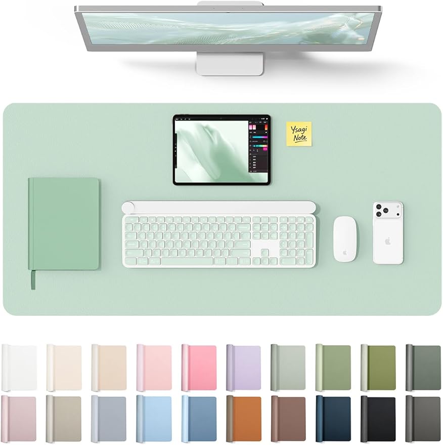 YSAGi Leather Desk Protector, Office Mat, Large Mouse Mat, Non-Slip PU Leather Blotter, Laptop Pad, Waterproof Writing Pad for Office and Home (Pale Green, 31.5" x 15.8") by YSAGi