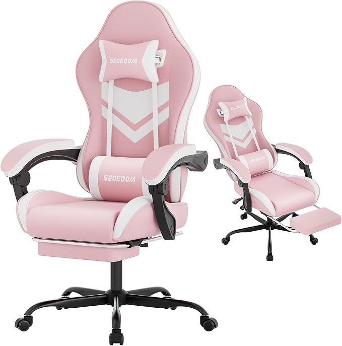 Gaming Chair with Footrest & Massage Lumbar Support, PU Leather Ergonomic High Back Swivel Height Adjustable Chair for Adults, Office Gaming, 300 lbs (Pink White) - Image 4