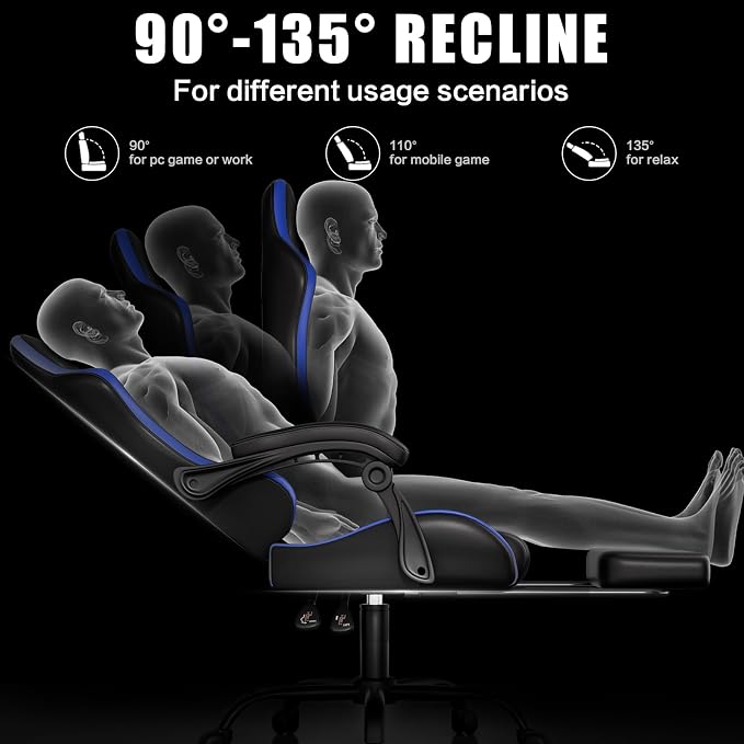 Czlolo Gaming Chair with Footrest Racing Style Lumbar Support Massager Video Game Chair with Metal Legs, High Back Gamer Chair with Headrest, 360° Swivel Office Computer Desk Chair, Navy Blue - Image 8