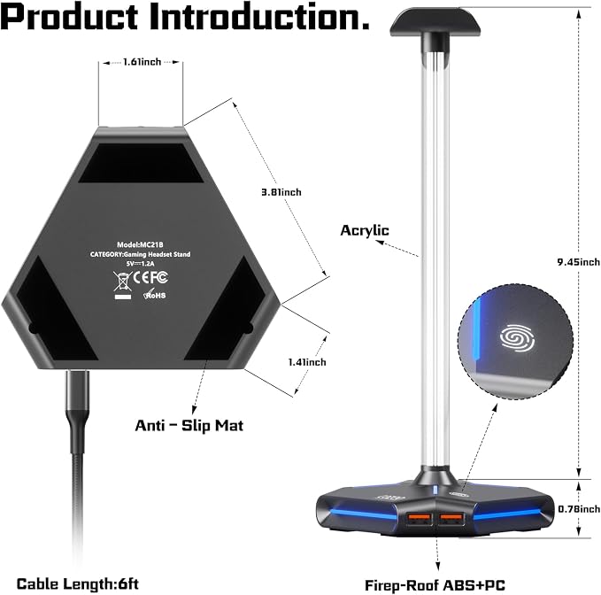 cozoo Desk headset stand Touch RGB Light Stand 4 Color Modes 2 USB Grey | Headphone Stand for Desk with 4 Fixed Colors & RGB Cycle Lighting,Built-in 2 USB2.0 Charging Ports, for Most Gaming Headsets - Image 9